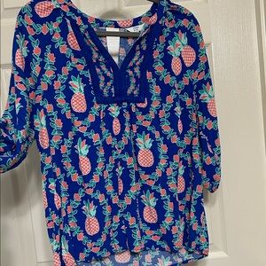 Crown & Ivy Tropical Pineapple Blouse Blue Coral Green Oversized Relaxed Fit S